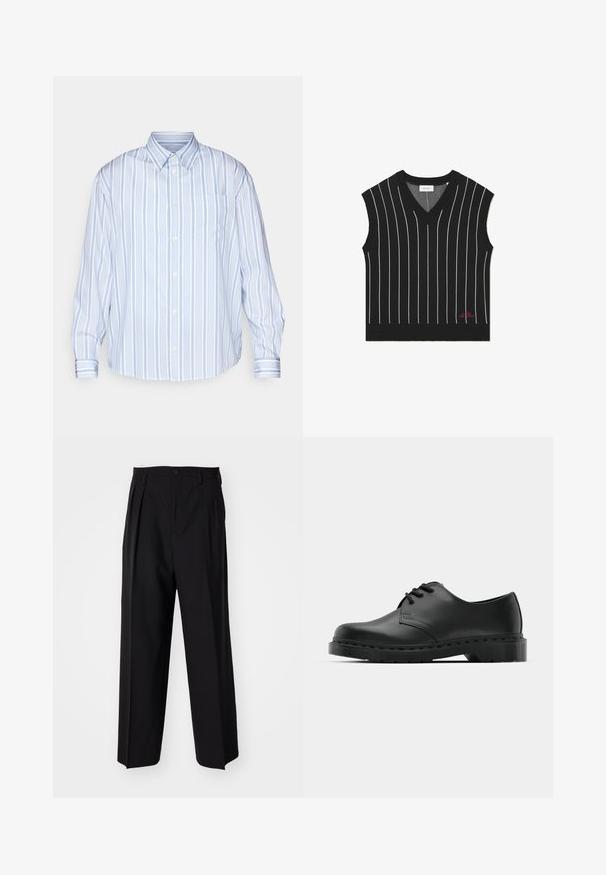 Vesta neagră fără mâneci, cu dungi verticale albe, decupaj în V, textură ribată și detaliu de logo roșu pe marginea de jos.; Cămașă cu dungi albastre și albe, cu mâneci lungi, guler cu butoane, un buzunar pe piept și închidere cu butoane pe față și la manșete.; Pantaloni negri plisat cu un design drept și pantaloni largi. Construiți dintr-un material neted, prevăzuți cu închidere cu nasture și bucle pentru curea.; Shoe oxford din piele neagră, cu sistem de închidere cu șireturi, vârf rotunjit, talpă plată din cauciuc și detalii de cusătură subtile pe partea superioară.