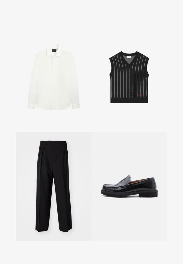 Gilet sans manches noir avec des rayures blanches verticales, décolleté en V, texture côtelée, et détail du logo rouge en bas de l'ourlet.; Chemise blanche à manches longues avec un col classique, patte de boutonnage et poignets ajustés. Tissu lisse avec un subtil éclat. Étiquette visible au niveau du col.; Pantalons plissés noirs avec un design droit et large. Fabriqués en tissu lisse, avec une fermeture à bouton et des passants de ceinture.; Mocassin penny en cuir noir avec semelle en caoutchouc épaisse et couture moc toe, montré de profil sur un fond blanc.
