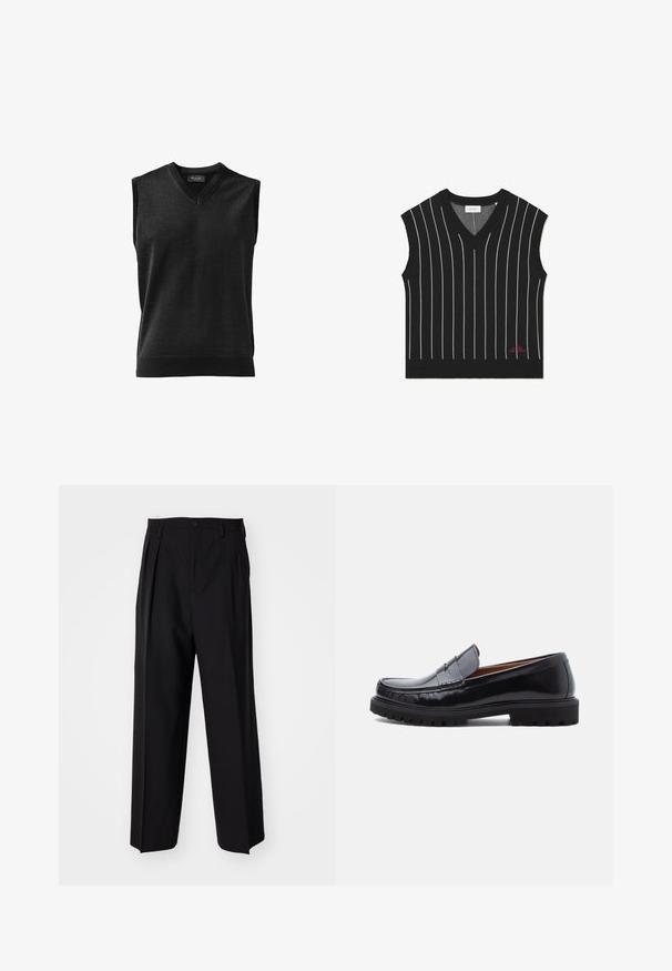 Schwarze ärmellose Weste mit vertikalen weißen Streifen, V-Ausschnitt-Design, gerippter Textur und rotem Logodetail am unteren Saum.; Schwarzer ärmelloser Pullover mit V-Ausschnitt, aus strukturiertem Strickstoff hergestellt, mit geripptem Saum und glatter Oberfläche.; Schwarze, plissierte Hose mit geradem, weitem Bein. Hergestellt aus glattem Stoff, mit Knopfverschluss und Gürtelschlaufen.; Schwarze Leder-Penny-Loafer mit strapazierfähiger Gummisohle und Mokassin-Stich, seitlich auf einem weißen Hintergrund dargestellt.