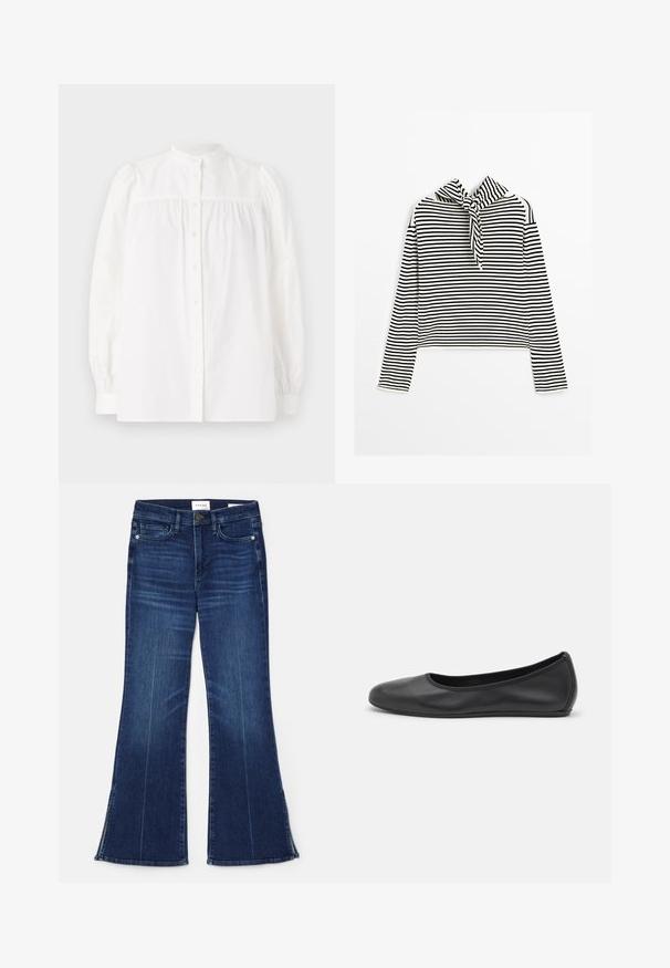 Massimo Dutti STRIPED WITH REMOVABLE BANDANA - Trui - beige; Weekend Max Mara RIBALDO - Overhemdblouse - white; Donkerblauwe uitlopende jeans gemaakt van denim. Beschikt over een hoge taille, voorzakken en splitdetails aan de zoom. Klassiek vijfzakontwerp.; Zwarte leren ballerina met een ronde neus, gladde textuur, minimale stikdetails en een flexibele zoolontwerp.