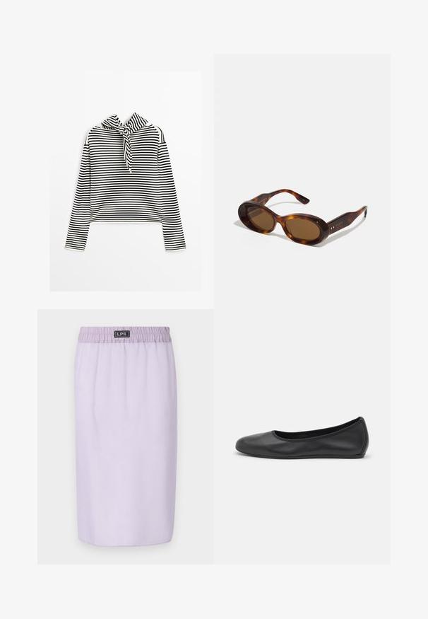 Massimo Dutti STRIPED WITH REMOVABLE BANDANA - Striktrøje - beige; Lilla nederdel med elastisk talje, knælængde, glat tekstur og uden synlige mønstre eller accenter. Brandlogo på taljen.; Sort læderballetsko med rund tå, glat tekstur, minimal syning og et fleksibelt såldesign.; Skildpaddeskals-solbriller med ovale linser, brun nuance, og gyldne detaljer på stængerne. Kraftige rammer med en blank overflade og glat tekstur.; Lys blå læder håndtaske med struktureret design, guldlåse og top-håndtag. Har aftagelig skulderrem og tekstureret overflade.