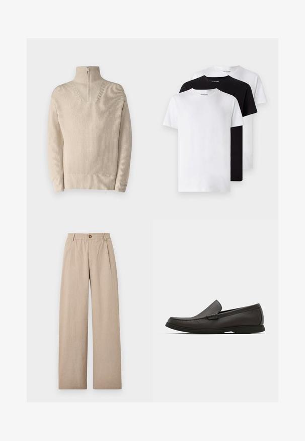 Maglione beige lavorato a maglia con colletto alto, dotato di chiusura con mezza zip e texture a coste su polsini e orlo. Design semplice, senza fantasie.; Tre basic t-shirt girocollo in bianco, nero e bianco. Maniche corte, materiale in cotone, design minimalista, senza motivi o accenti visibili.; Pantaloni beige a gamba larga con finitura testurizzata, caratterizzati da pieghe e una vita elastica, fissati da un bottone di bronzo sul davanti.; Mocassini in pelle marrone scuro con punta arrotondata, dettagli di cucitura discreti e suola in gomma bassa. Texture liscia con una vestibilità flessibile.