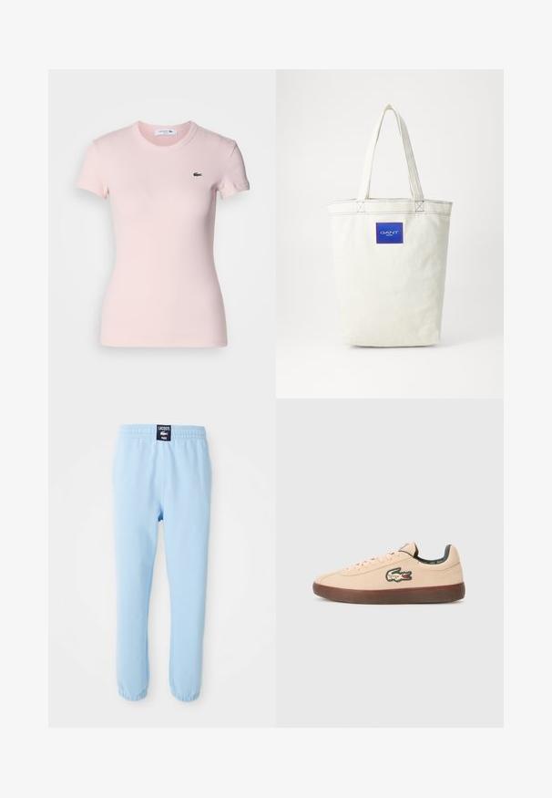 Gaiši zils kapuces džemperis, kas izgatavots no mīksta auduma, ar kangaroo kabatu, auklu kapuci un izšūtu logotipu uz krūtīm.; Gaiši rozā ribota īsām piedurknēm T-krekls ar apaļo kakla izgriezumu un mazu zaļu Lacoste logo uz kreisā krūts. Gluda tekstūra.; Gaiši zili sporta bikses ar elastīgu vidukli un elastīgām aizdarēm, aizmugurējā vidukļa daļā ir melna etiķete ar baltu Lacoste Paris logo.; Lacoste BASESHOT - Sporta apavi - beige; Balts kanvasu soma ar zilu akcentu un logotipu. Aprīkota ar izturīgiem rokturiem, nostiprinātu šuvju un vienkāršu, taisnstūra formu.