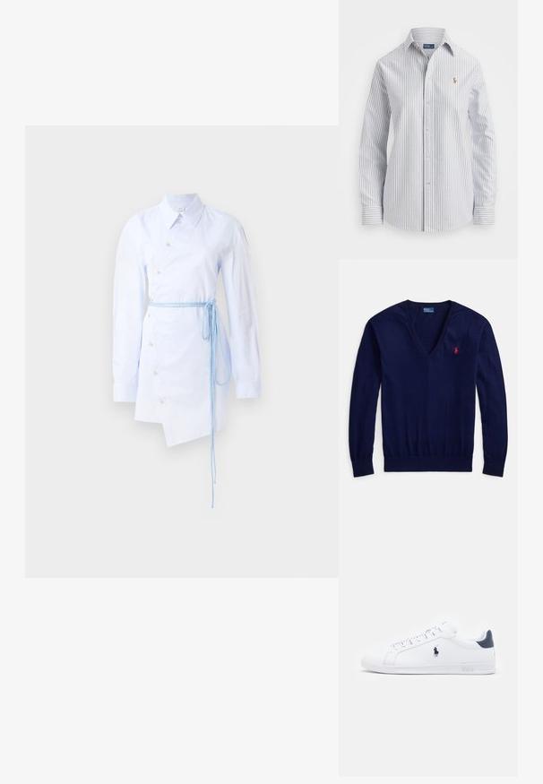 Granatowy sweter z dekoltem w serek wykonany z gładkiej dzianiny, z długimi rękawami i małym czerwonym logo polo na lewej piersi. Elastyczny ściągacz u dołu.; Pasiasta jasnoniebieska sukienka koszulowa z guzikami z przodu, spiczastym kołnierzykiem, długimi rękawami oraz związanym niebieskim paskiem w talii. Asymetryczny dół.; Wielbłądzia koszula w paski w jasnoniebieskim i białym kolorze, wykonana z miękkiego materiału, z klasycznym kołnierzykiem i haftowanym logo na piersi.; Białe skórzane sneakersy o gładkim wykończeniu, granatowe akcenty i małe logo po boku. Posiadają płaskie sznurowadła i teksturowaną gumową podeszwę.