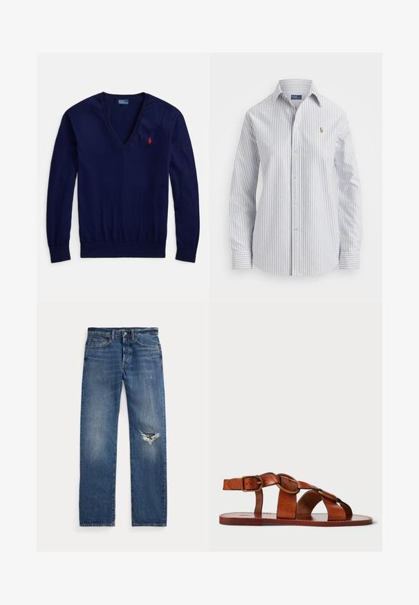 Tumši zilas V veida kakla džemperis no gludas adīšanas; ar garām piedurknēm un nelielu sarkanu Polo logo kreisajā krūtīs. Elastīga apakša.; Svītruota krekla ar pogām gaisā zila un baltā krāsā, ar mīkstu audumu, klasiskām apkaklēm un izšūtu logotipu uz krūts.; Zilas džinsu bikses ar vidēju vidukļa augstumu, piecām kabatām un saplaisājušām izsistēm labajā ceļgalā.; Brūnas ādas sandaļi ar horizontālu un apaļu siksnu dizainu, plakanu zoli un metāla sprādzi, demonstrējot gludu tekstūru.