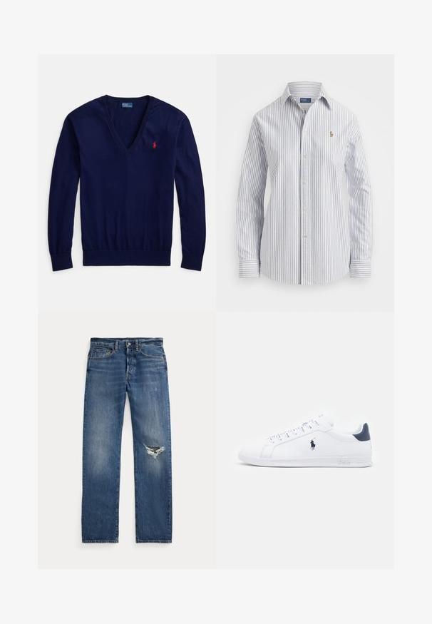 Tamsiai mėlynas V formos megztinis iš lygaus mezgimo audinio, su ilgomis rankovėmis ir mažyliu raudonu polo logotipu kairėje krūtinės pusėje. Lankstus apatinis kraštas.; Juostuota šviesiai mėlyna ir balta marškinėlių chemija, pasižyminti minkšta medžiaga, klasikinė apykaklė ir siuvinėjama logo ant krūtinės.; Mėlyni džinsai su vidutiniais liemeniu, penkiomis kišenėmis ir suplėšymu dešiniajame kelyje.; Baltos odinės sportbačiai su lygiu paviršiumi, tamsiai mėlyni akcentai ir mažas logotipas šone. Yra plokščios raišteliai ir tekstūruotas gumos padas.