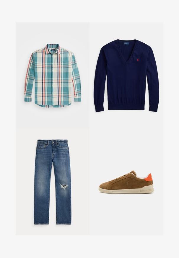 Jersey de pico en azul marino hecho de tejido de punto suave, con mangas largas y un pequeño logo de polo rojo en el pecho izquierdo. Dobladillo flexible.; Camisa de botones hecha de tela tejida, con un patrón de cuadros en tonos teal, crema, navy y rojo. Presenta un cuello extendido y mangas largas.; Jeans de mezclilla azul con una cintura de altura media, cinco bolsillos y un desgarro deshilachado en la rodilla derecha.; Zapatillas de ante marrón con una suela de goma crema, que presentan acentos naranjas en el talón y un pequeño logo en el lateral.