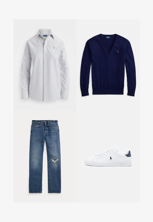 Temno moder pulover z V-izrezom, izdelan iz gladkega pletenega materiala, z dolgimi rokavi in majhnim rdečim logotipom polo na levi strani prsnega koša. Prilagodljiv spodnji rob.; Prugasta srajca s gumbom v svetlo modri in beli barvi, z mehkim materialom, klasičnim ovratnikom in izvezenim logotipom na prsih.; Modre jeans hlače z zmerno visokim pasom, petimi žepi in strganim delom na desnem kolenu.; Bele športne copate iz belega usnja z gladko površino, mornarsko modrimi detajli in majhnim logotipom na strani. Imajo ravne vezalke in teksturiran gumijast podplat.