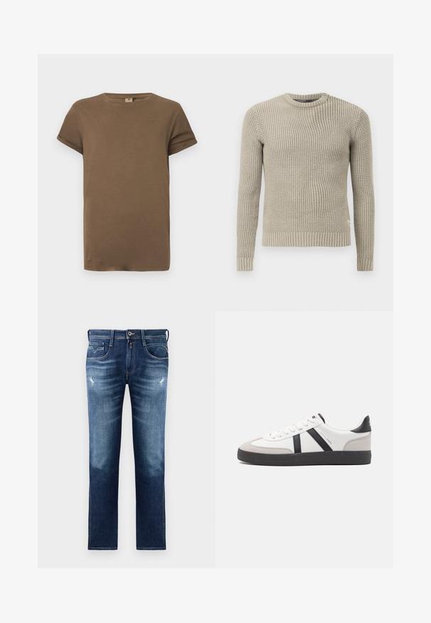 Beige neulepaita, jossa on pitkät hihat, ribbireunukset hihansuissa ja helmassa, pyöreä kaula-aukko, teksturoitu kuvio, valmistettu pehmeästä materiaalista.; Ruskotoinen lyhythihainen puuvillapaita, jossa on pyöreä kaula-aukko ja käärityt hihansuut, esiteltynä yksinkertaista valkoista taustaa vasten.; Sininen farkkuhousut, joissa on normaali istuvuus, haalistunut pesu, pieni kuluminen, viisi taskua ja kontrastiväriset ompeleet. Napitus vyötäröllä.; Valkoiset lenkkarit mustilla ja harmailla yksityiskohdilla, joissa on teksturoitu harmaa kärki, musta kumipohja ja litteät valkoiset nauhat. Siisti muotoilu, minimalistinen tyyli.