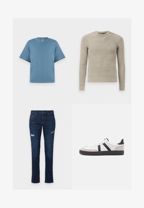 Beżowy sweter dziany z długimi rękawami, prążkowanym mankietem i dołem, okrągłym dekoltem, teksturowanym wzorem, wykonany z miękkiego materiału.; Niebieska koszulka z krótkim rękawem, wykonana z bawełny, z klasycznym dekoltem i luźnym krojem. Gładka faktura, minimalistyczny design, bez wzorów i akcentów.; Granatowe dżinsy z prostym krojem, z podartymi przetarciami na kolanach, tradycyjnymi kieszeniami i widocznymi kontrastującymi szwami.; Białe sneakersy z czarnymi i szarymi akcentami, z teksturowanym szarym czubkiem, czarną gumową podeszwą i płaskimi białymi sznurowadłami. Czysty design, minimalistyczny styl.
