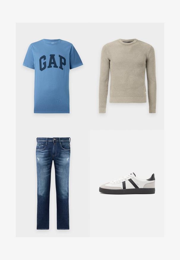 Beige strikket sweater med lange ærmer, ribbet manchet og kant, rund hals, struktureret mønster, lavet af blødt materiale.; Blå kortærmet T-shirt med rund hals og stort mørkeblå "GAP"-tryk over brystet.; Blå denim jeans med regular fit, med en blegnet vask, let slid, fem lommer og kontrastsyninger. Knaplukning i taljen.; Hvide sneakers med sorte og grå detaljer, med en tekstureret grå tåhætte, sort gummisål og flade hvide snørebånd. Rent design, minimalistisk stil.