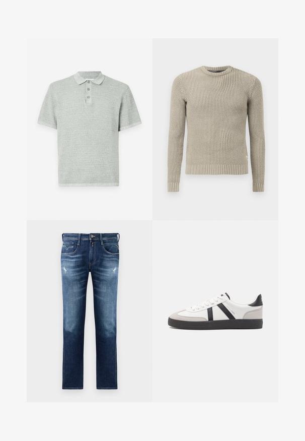 Pull en tricot beige avec des manches longues, poignets et ourlet côtelés, col rond, motif texturé, fabriqué à partir de matériau doux.; Polo à manches courtes en gris clair, fabriqué en matériau texturé. Il possède un col avec trois boutons et un ourlet droit.; Jean en denim bleu avec une coupe régulière, présentant un lavage délavé, un léger distress, cinq poches et des coutures contrastées. Fermeture à bouton à la taille.; Baskets blanches avec des accents noirs et gris, présentant un embout texturé gris, une semelle en caoutchouc noir et des lacets plats blancs. Design épuré, style minimaliste.