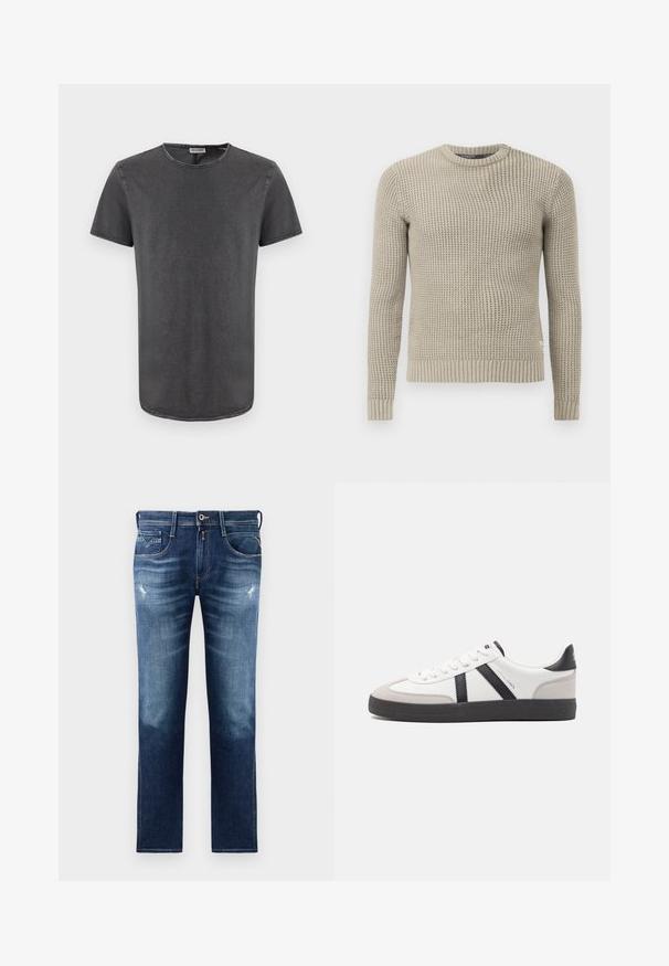 Beige kootud sviiter pikkade varrukatega, soonikuga mansetid ja alläär, ümar kaelus, tekstuuriga muster, valmistatud pehmest materjalist.; Hall värviga lühikeste varrukatega t-särk ümmarguse kaelusega, pehmest kangast, millel on veidi kõverdatud äär ja nähtavad õmblusdetailid.; Sinised denim püksid regulaarse lõikega, millel on pleekinud pesu, kerge kulumine, viis taskut ja kontrastõmblused. Nööbi kinnitamine vööl.; Valged tossud mustade ja hallide aktsentidega, tekstureeritud halli varbakattega, musta kummitald ja lamedad valged paelad. Puhtad jooned, minimalistlik stiil.