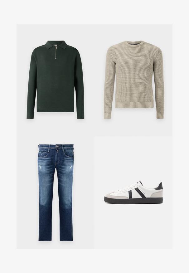 Beige gebreide trui met lange mouwen, geribde manchetten en zoom, ronde hals, gestructureerd patroon, gemaakt van zacht materiaal.; Donkergroen polo met lange mouwen en een kraag, voorzien van een halve rits aan de voorkant. Gemaakt van een zachte stof met een gladde textuur.; Blauwe denim jeans met een reguliere pasvorm, voorzien van een vervaagde wassing, lichte slijtage, vijf zakken en contrasterende stiksels. Knopen sluiting bij de taille.; Witte sneaker met zwarte en grijze accenten, voorzien van een grijze neus met textuur, zwarte rubberen zool en platte witte veters. Schoon ontwerp, minimalistische stijl.