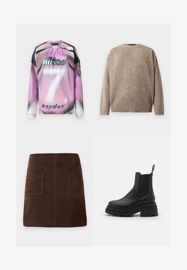 Béžový vlněný svetr s texturovaným vzorem pletení, kulatým výstřihem, spadlými rameny a žebrovaným lemem. Hladký povrch s jemnými barevnými odstíny.; Dlouhý rukáv dres s gradientním designem v růžovo-černé kombinaci, s číslem 7, logy značek a různými grafickými akcenty v bílé a černé barvě.; Hnědá sukně z nubuku s klasickým áčkovým střihem, dvěma předními kapsami s zaoblenými klopami a subtilními švy.; Černé chelsea boty vyrobené z hladké kůže s elastickými bočními panely, silnou, strakatou gumovou podrážkou a poutkem na zadní straně.
