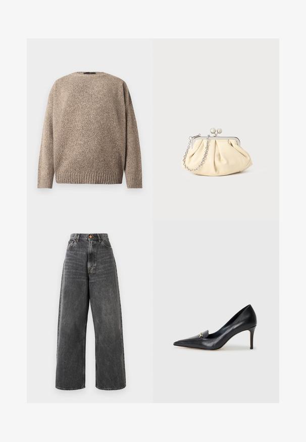 Bež vuneni džemper s teksturiranim pletenim uzorkom, okruglim izrezom, spuštenim ramenima i rebrastim rubom. Glatka završna obrada s diskretnom varijacijom boje.; Traperice širokog kroja s visokim strukom u izblijedjelom crnom denimu s prednjim džepovima, petljama za remen i zatvaranjem na bakreni gumb.; Crne kožne štikle s oštrim vrhom, niskim dekolteom i dekorativnim zlatnim naglaskom. Imaju štiklu i glatku teksturu.; Nabrana bež kožna torbica s srebrnim metalnim okvirom, koja sadrži dva okrugla dekorativna kopčanja i srebrnu lančanu naramenicu.
