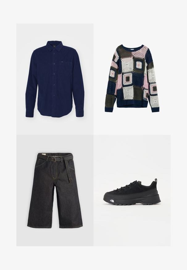 Gehaakte trui met een patchworkdesign in marineblauw, roze, grijs en wit. De vierkante motieven hebben open gaten en geribbelde manchetten.; Donkerblauwe corduroy overhemd met lange mouwen, knoopsluiting bij de kraag, een voorzak en subtiele textuurdetails. Voorzien van een merklabel op de kraag.; Donker denim culottes met een wijde pijpontwerp, riemlussen en een stoffen strikriem. Contrasterende stiksels en zakken aan beide zijkanten.; Zwarte outdoor sneaker met een suede bovenkant, een gestructureerde rubberen zool en een stevig vetersysteem. Heeft een versterkte hiel en een merklogo aan de zijkant.