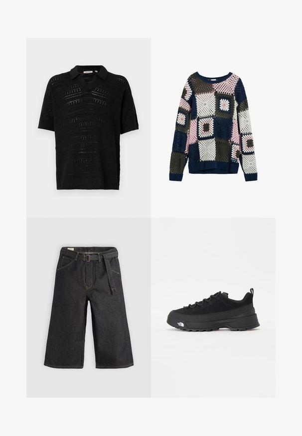 Kootud sviiter, millel on tükikestest disain tumesinises, roosas, hallis ja valges. Ruudukujulistel motiividel on avatud augud ja soonikkudumine mansettidel.; Mustas lühikeste varrukatega polo särk, millel on tekstureeritud avatud kudumise disain. Omab V-kaela ja pehmet kootud kangast. Minimalistlik ja hingav stiil.; Tumedad denim culotid, millel laiangal иddaes ningis, lÿnded uldkoldebs иe riwein. Kontrastne õmblus ja taskud mõlemal küljel.; Must musta jalats, millel on sametised ülemused, tekstuuriga kummist põhi ja vastupidav sidumise süsteem. Omab tugevdust kannaosas ja brändi logo küljes.