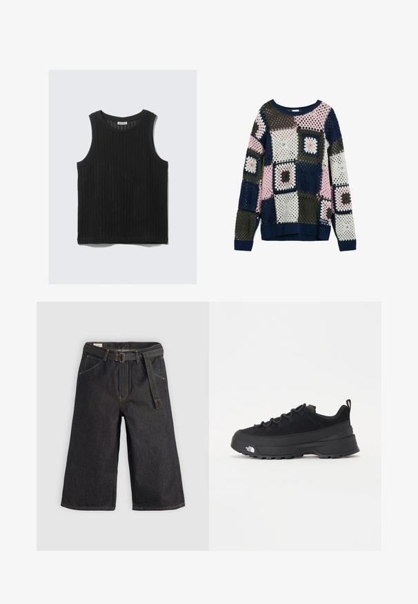 Háčkovaný sveter s patchworkovým dizajnom v námorníckom modrom, ružovom, šedom a bielom. Štvorcové motívy majú otvorené diery a rebrované manžety.; Čierny bezrukávový top s rebrovanou textúrou, okrúhlym výstrihom a rovný lem. Na výstrihu je štítok s nápisom "WEEKDAY".; Tmavé denimové culottes so širokým strihom, pútkami na opasok a látkovým opaskom. Kontrastné stehy a vrecká po oboch stranách.; Čierne vonkajšie tenisky so zvrškom z semišu, štruktúrovanou gumovou podrážkou a pevným šnurovaním. Obsahujú vystužený opätok a logo značky na boku.