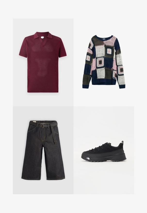 Kootud sviiter, millel on tükikestest disain tumesinises, roosas, hallis ja valges. Ruudukujulistel motiividel on avatud augud ja soonikkudumine mansettidel.; Burgundi lühikeste varrukatega polo särk tekstuurse avatava kudumisega, millel on V-kaelus ja konstruktsiooniga krae, valmistatud kerge kudumateriaali eest.; Tumedad denim culotid, millel laiangal иddaes ningis, lÿnded uldkoldebs иe riwein. Kontrastne õmblus ja taskud mõlemal küljel.; Must musta jalats, millel on sametised ülemused, tekstuuriga kummist põhi ja vastupidav sidumise süsteem. Omab tugevdust kannaosas ja brändi logo küljes.