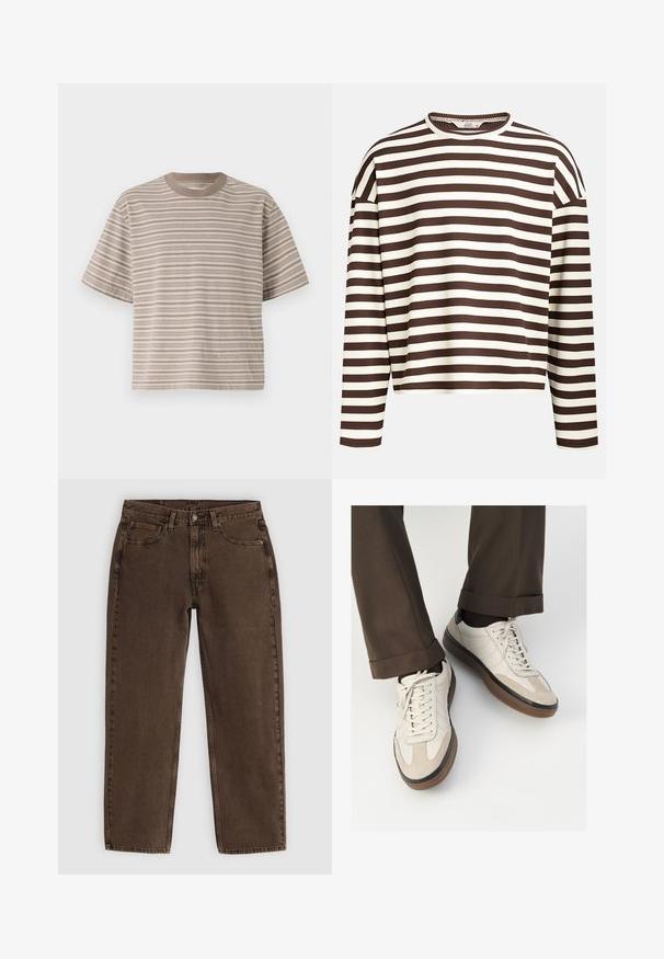 Brown and cream striped long-sleeve top with a rounded neckline, ribbed texture, and dropped shoulder seams, featuring a cropped cut.; Striped short-sleeve t-shirt in beige tones, round neckline, soft fabric, relaxed fit, featuring alternating light and dark horizontal stripes.; Brown denim jeans with a straight cut, five pockets, front button closure, and minimal stitching detail. Soft texture with a matte finish.; Beige sneakers with a textured suede front, smooth leather sides, and a brown rubber sole. Laces and light stitching detail included.