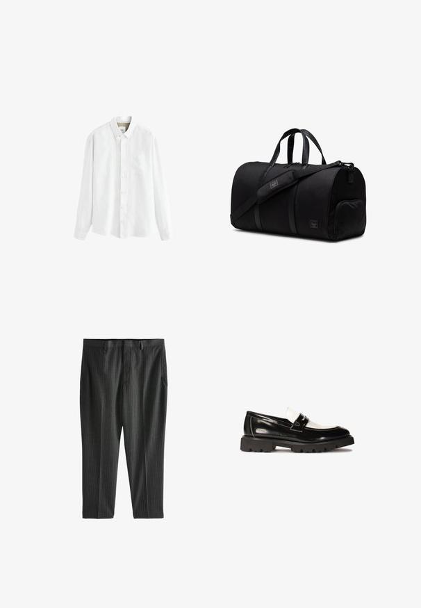 Ljusgrå stickad tröja med kvartdragkedja, ribbad struktur och långa ärmar, tillsammans med olivgröna byxor.; Vit långärmad skorta i lätt tyg, med skjortkrage, bröstficka och klassisk knäppning.; Next STRIPE-REGULAR FIT - Chinos - charcoal grey; Svarta lackläderloafers med en vit läderdetalj, tjock gummisula med svart mönstring och sömmar. Slät textur med glänsande yta.; Svart duffelväska i hållbart tyg med läderdetaljer, utrustad med dubbla handtag, justerbar axelrem och en zip-ficka på sidan.