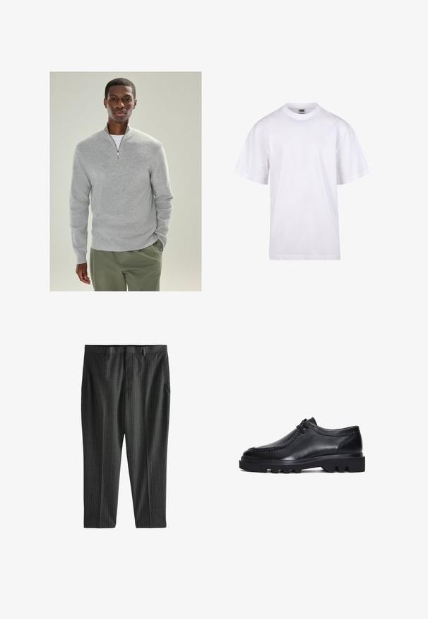 Light gray knit pullover with a quarter-zip collar, ribbed texture, and long sleeves, paired with olive green trousers.; White cotton t-shirt with a crew neckline, short sleeves, and a relaxed fit. Features plain design without patterns or accents.; Next STRIPE-REGULAR FIT - Chinos - charcoal grey; Black leather shoes with a rounded toe, stitched detailing, and a thick, rugged sole featuring distinctive grooves. Plain lace-up design.