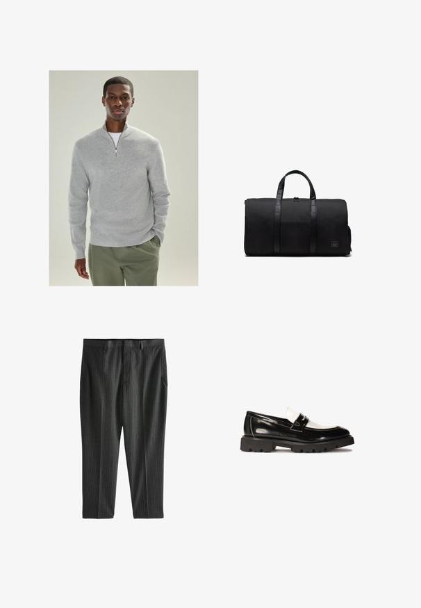 Svetlosivý pletený pulover s golierom na štvrť zips, rebrovanou textúrou a dlhými rukávmi, skombinovaný s olivovozelenými nohavicami.; Biela bavlnená tričko s okrúhlym výstrihom, krátkymi rukávmi a voľným strihom. Má jednoduchý dizajn bez vzorov alebo akcentov.; Next STRIPE-REGULAR FIT - Nohavice chinos - charcoal grey; Čierne lakované kožené mokasíny s bielym koženým akcentom, hrubou čiernou gumovou podrážkou a prešívaním. Hladký povrch s lesklým povrchom.; Čierna športová taška vyrobená z odolnej tkaniny s koženými detailmi. Obsahuje dva pevné úchyty a zipsom uzavretú bočnú kapsu pre dodatočné úložisko.