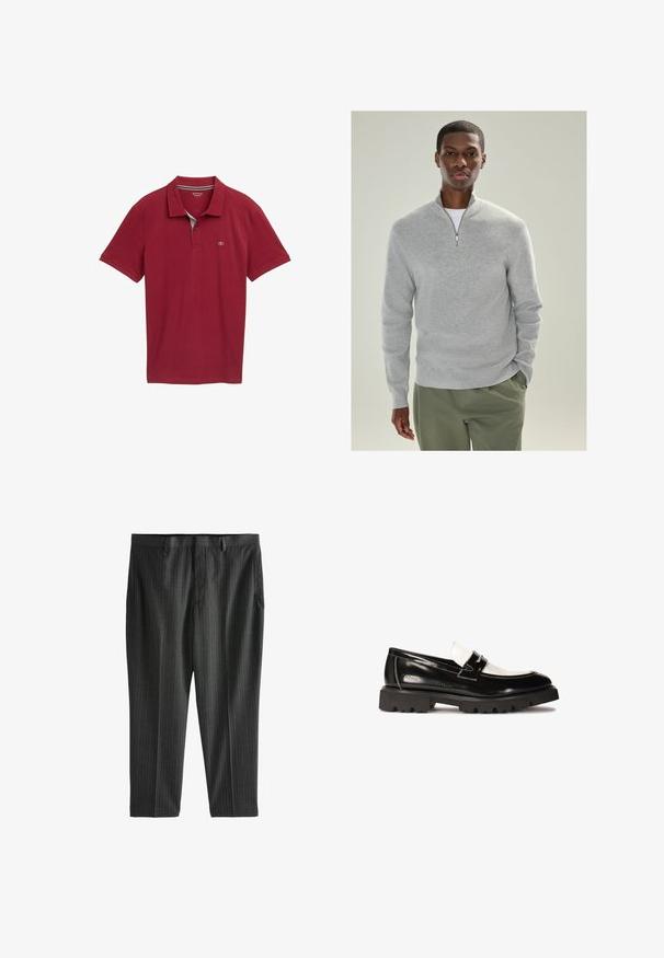 Svetlo sivi pleteni pulover s ovratnikom na četrt zadrgo, rebrasto teksturo in dolgimi rokavi, v kombinaciji z olivno zelenimi hlačami.; Rdeča polo majica s ovratnikom, kratkimi rokavi in teksturirano tkanino. Ima majhen logotip na levi strani prsnega koša.; Next STRIPE-REGULAR FIT - Hlače chino - charcoal grey; Črne lakirane usnjene loafers čevlje z belim usnjenim poudarkom, debelim črnim gumijastim podplatom ter našitimi detajli. Gladka tekstura z sijočo površino.
