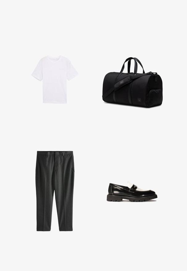 Svetlosivý pletený pulover s golierom na štvrť zips, rebrovanou textúrou a dlhými rukávmi, skombinovaný s olivovozelenými nohavicami.; Biela bavlnená tričko s krátkymi rukávmi, okrúhlym výstrihom a malým, nenápadným logom značky na ľavej strane hrudníka. Jednoduchý dizajn.; Next STRIPE-REGULAR FIT - Nohavice chinos - charcoal grey; Čierne lakované kožené mokasíny s bielym koženým akcentom, hrubou čiernou gumovou podrážkou a prešívaním. Hladký povrch s lesklým povrchom.; Čierna športová taška vyrobená z odolnej látky s koženými akcentmi, s dvojitými uchami, nastaviteľným ramenným popruhom a bočnou vreckom na zips.