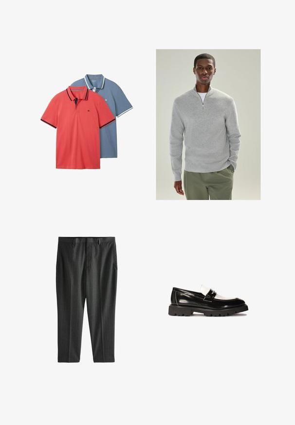 Světle šedý pletený svetr s límcem na čtvrtinový zip, ribkovanou strukturou a dlouhými rukávy, spárovaný s olivově zelenými kalhotami.; Dvoje polokošil: jedny korálové s tmavými detaily a jedny světle modré s bílými akcenty. Obě mají krátké rukávy a klasický límec.; Next STRIPE-REGULAR FIT - Chino kalhoty - charcoal grey; Černé lakované kožené mokasíny s bílým koženým akcentem, silnou černou gumovou podrážkou a vyšitými detaily. Hladký povrch s lesklým finišem.