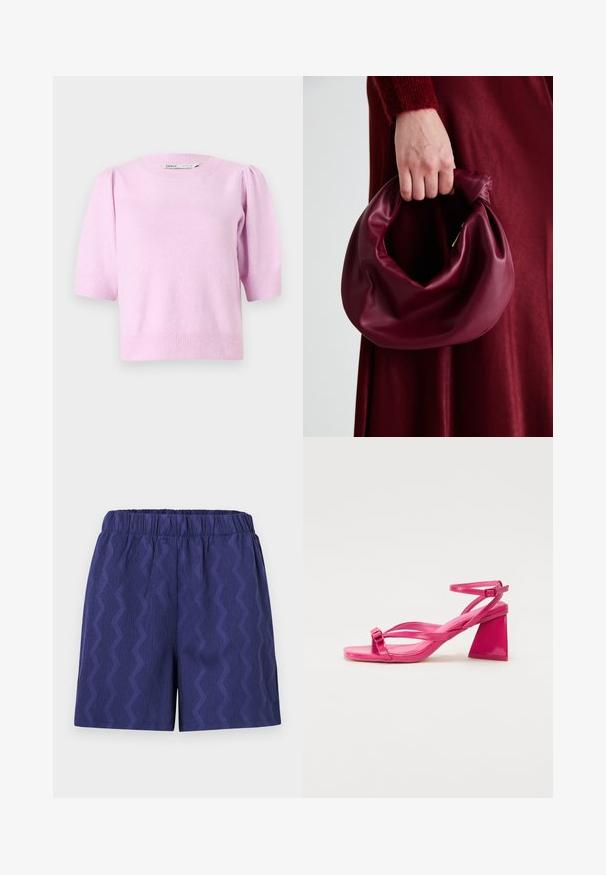 Pull court à manches courtes de couleur rose, avec un col rond, des poignets côtelés et une texture douce, agrémenté de détails légèrement bouffants aux épaules.; Shorts bleu marine à motif zigzag texturé, dotés d'une taille élastique pour plus de confort et d'une coupe décontractée. Fabriqués en tissu léger.; Sandales à talons en cuir verni rose avec un bout carré, des brides étroites et un talon bloc géométrique. Comprend un détail de boucle sur la bride.; Sac à main en cuir bordeaux au design doux et froncé, avec une forme arrondie. La poignée est fixée, mettant en valeur une texture lisse.