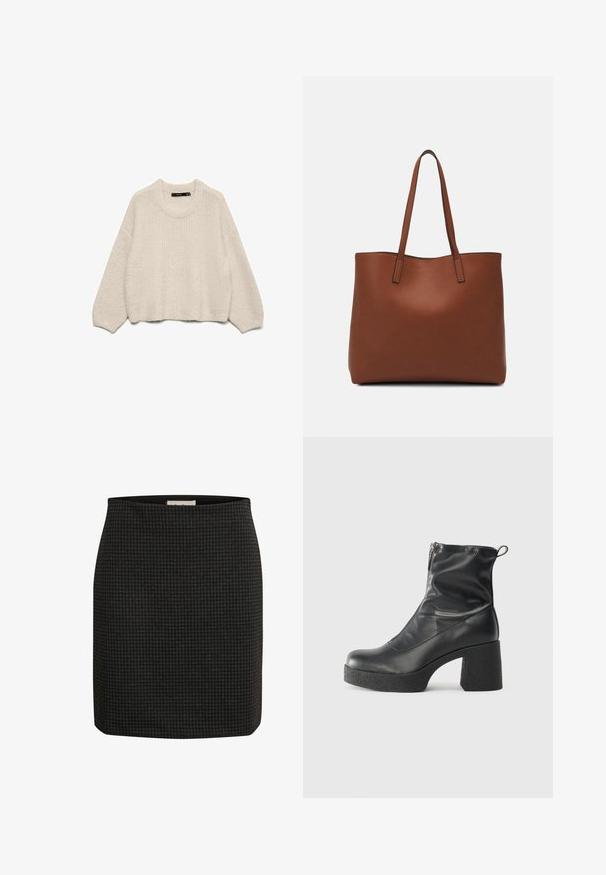 Helebeige kudumüts, millel on ümmargune kaelus, pikad varrukad ja tekstureeritud muster. Looduslik lõige, ribidega äärte ja varrukate detailidega.; Musterniga mustritega musta värvi seelik, millel on istuv disain, sirge siluett ja sile tekstuur. Omab mugavuse lisamiseks vöökohta.; Mustad mustad ansapüksid, mis on valmistatud siledast nahast, külje zipperiga, paksu tekstuuriga kontsaga ja ümmarguse nina disainiga.; Pruun nahast tote-kott, millel on sile tekstuur, avatud ülaosa disain ja kaks õlarihma. Omab minimaalset õmblust ja nähtavat riistvara ei ole.