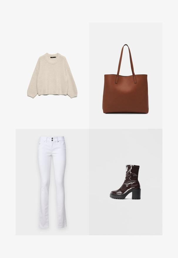 Šviesiai smėlio spalvos megztinis su apvalia iškirpte, ilgomis rankovėmis ir tekstūrine raštu. Laisvas siluetas, su raukiniais apatinėje dalyje ir rankogaliuose.; Balti platūs džinsai, pagaminti iš medvilnės mišinio, su dviejų mygtukų uždarymu, priekinėmis kišenėmis ir subtiliomis siuvimo detalėmis.; Blizgus burgundių spalvos kulknapis su tankiu juodu kulnu, pasižymintis lygiu paviršiumi ir paprastu dizainu. Nėra matomų užsegimų ar raštų.; Ruda odinė priekabų krepšys su glotnia tekstūra, atviru viršumi ir dviem petnešomis. Su minimalia siuvimo detalėmis ir nematoma aparatūra.