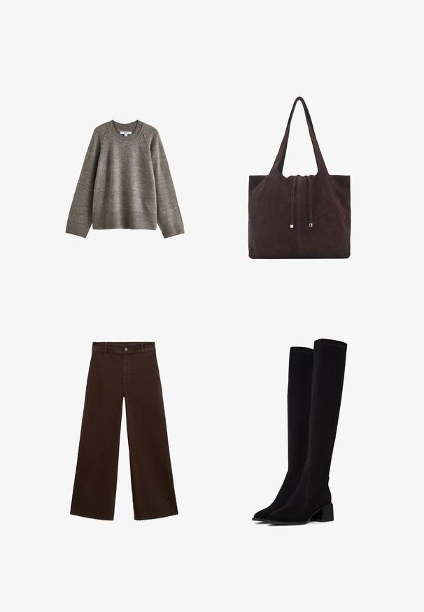 Smeđa pletena majica s okruglim izrezom, rebrastim manžetama i rubom. Ima opušteni kroj i teksturirani materijal. Oznaka prikazana unutar ovratnika.; Smeđe široke hlače od pamuka, s raspucanim rubom, prednjim kopčanjem na dugme i klasičnim dizajnom s pet džepova. Minimalističke i svestrane.; Crne čizme iznad koljena izrađene od mekog, teksturiranog materijala. Imaju blok-peti, šiljasti vrh i vidljive šavove.; Mango Velika torba - dark brown