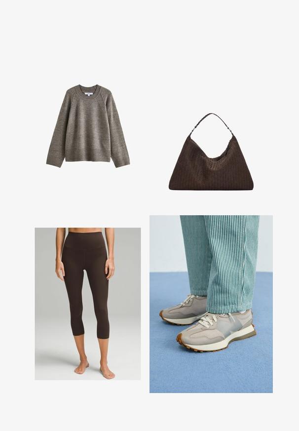 Brauner Strickpullover mit Rundhalsausschnitt, gerippten Bündchen und Saum. Hat eine lockere Passform und eine strukturierte Stoffqualität. Etikett im Kragen sichtbar.; lululemon ALIGN™ HIGH-RISE 53 CM - Tights - espresso; Graue Sneakers mit Wildleder- und Mesh-Einsätzen, weißen Schnürsenkeln und einer strukturierten Sohle. Getragen mit türkisfarbenen gestreiften Hosen. Blau strukturierter Hintergrund.; Braune, geflochtene Lederhandtasche mit einer lässigen, dreieckigen Form. Verfügt über einen geflochtenen Griff und einen Reißverschluss an der Oberseite.