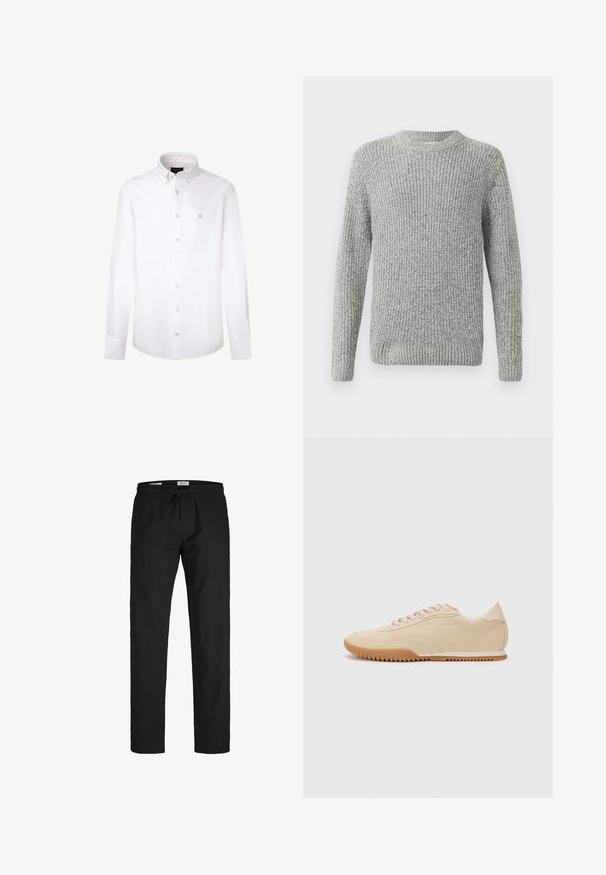 Grauer gestrickter Pullover mit langen Ärmeln, rundem Ausschnitt sowie gerippten Bündchen und Saum. Die Textur ist dick und strukturreich, geeignet für kühlere Wetterverhältnisse.; Weißes Langarmhemd aus Baumwolle. Verfügt über einen klassischen Button-Down-Kragen, vordere Knöpfe und ein kleines blaues Logo auf der linken Brust.; Schwarze Hose mit einem elastischen Bund, Kordelzug, geradem Schnitt, glatter Textur und ohne sichtbare Muster oder Akzente.; Beige Wildledersneaker mit einem schlanken Design, einer strukturierten Oberseite, abgerundetem Fuß und einer Gummisohle mit Zickzackmuster.