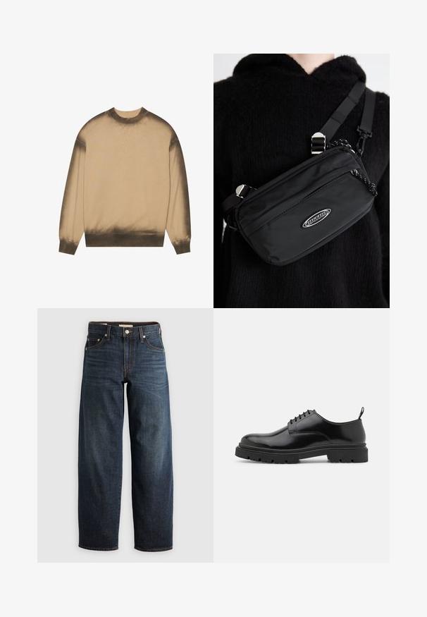 Bežs sporta krekls ar gradientu, kas tumst uz leju, garām piedurknēm, ribotām aprocēm un apkakli, gluda auduma tekstūra.; Tumši zili džinsi, kas izgatavoti no denima, ar taisnas kājas dizainu, piecu kabatu stilu un augšējo šuvju akcentiem, kā arī pogu aizdari.; Melnas ādas siksniņu kurpes ar apaļu purngalu, gludu tekstūru un ar rievotu gumijas zoli. Iezīmējas ar mazu papēdi un cilpu aizmugurē.; Melnas neilona pārnēsājamā soma ar regulējamām siksnas, ar gludu tekstūru, priekšējo rāvējslēdzēja kabatu un logotipa akcentu.