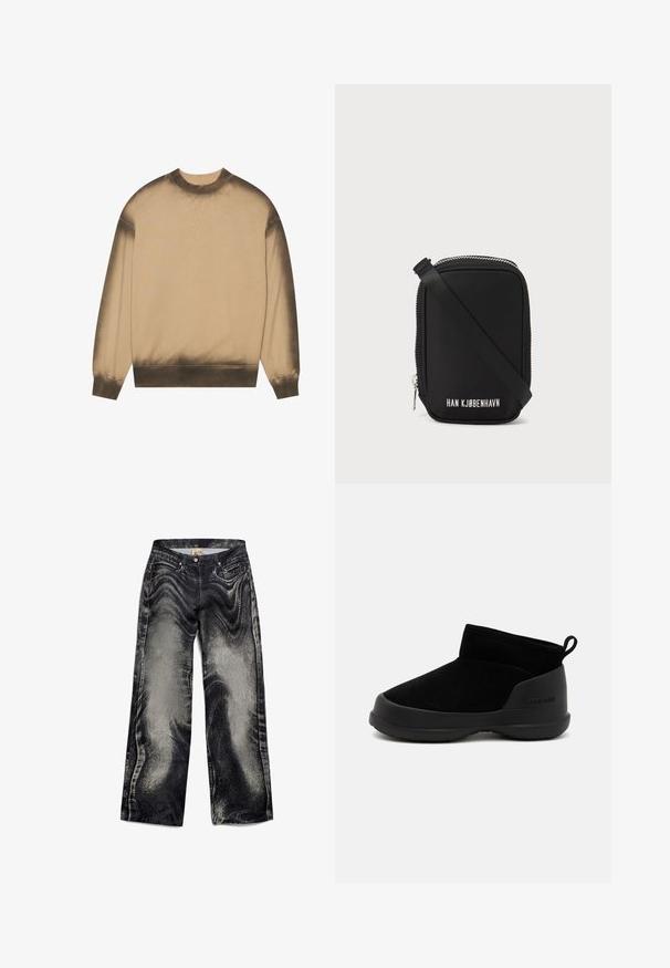 Béžová mikina s gradientem, který tmavne směrem dolů, dlouhé rukávy, žebrované manžety a límec, hladká textilní struktura.; Černé denimové široké džíny s texturovaným, vybledlým vzorem, obsahující pět kapes a zapínání na knoflík. Hladká tkanina s mírně lesklým povrchem.; Černé kotníkové boty s hladkým nubukovým svrškem a gumovou podrážkou, které se vyznačují minimalistickým designem a poutkem na zadní straně pro snadné obouvání.; Černá taška obdélníkového tvaru, vyrobená z hladkého materiálu. Má horní zip, nastavitelné ramínko a bílý nápis: "HAN KJØBENHAVN."