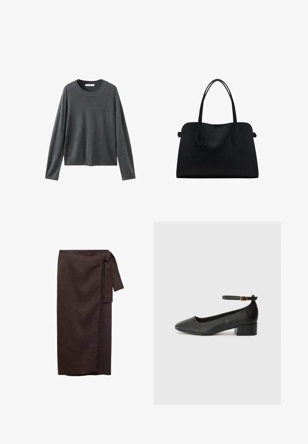 Szary dziany sweter z długimi rękawami, okrągłym dekoltem i luźnym krojem. Wykonany z miękkiego materiału o gładkiej fakturze i bez widocznych wzorów.; Brązowa lniana spódnica owijana z wiązanym pasem, prostym krojem i postrzępionym wykończeniem. Miękka tekstura i długość do podłogi.; Czarne skórzane szpilki z ostrym noskiem i niskim słupkowym obcasem. Wyposażone w pasek na kostkę z złotym zapięciem. Gładka tekstura.; Czarna skórzana torba na ramię z podwójnymi paskami, prostokątny kształt i minimalistyczny design na białym tle.