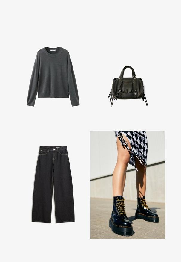 Gray knitted sweater with long sleeves, round neckline, and a relaxed fit. Made from soft fabric with a smooth texture and no visible patterns.; Black wide-leg denim jeans with a high waist, five pockets, contrast stitching, and a button closure. Smooth texture with a classic cut.; Black leather platform boots with chunky soles, gold laces, and orange stitching, paired with a checkered skirt showcasing a side slit.; Black leather handbag with braided handles, zipper pocket, and hanging tassels. Textured surface with metal studs and hardware accents.
