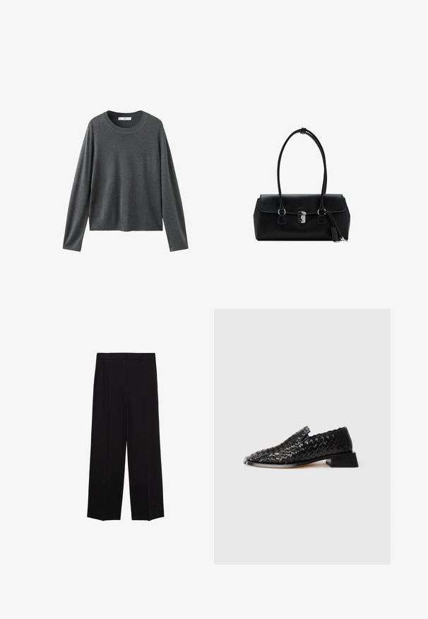Pull en tricot gris à manches longues, col rond et coupe décontractée. Fabriqué en tissu doux avec une texture lisse et sans motifs visibles.; Pantalons larges noirs en tissu lisse, avec des plis sur le devant et des poches latérales, conçus avec une coupe droite et décontractée.; Chausson en cuir noir tressé à enfiler avec un petit talon carré et des détails festonnés, présenté sur un fond blanc.; Sac à main en cuir noir avec une texture lisse, au design structuré, doté de deux poignées et d'un détail en métal argenté au centre.