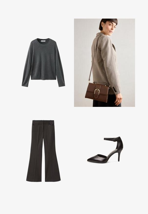Sivý pletený sveter s dlhými rukávmi, okrúhlym výstrihom a voľným strihom. Vyrobený z mäkkej tkaniny s hladkou textúrou a bez viditeľných vzorov.; Čierne rozšírené nohavice s vysokým pásom; majú dve bočné vrecká a hladkú textúru látky. Vhodné na rôzne príležitosti.; Čierna kožená vysoká podpätková topánka s špicatou špičkou, členkovým páskom a štíhlym podpätkom. Hladká textura a minimálne hardvérové detaily.; Hnedá kožená taška cez telo s zlatou kovovou sponou, obdĺžnikový tvar, hladká textúra a odnímateľný popruh.