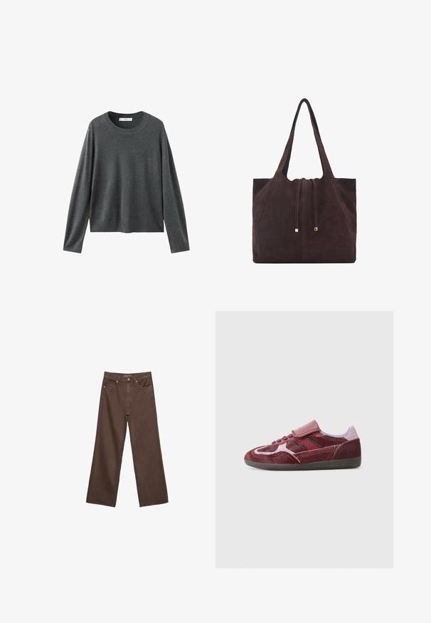 Szary dziany sweter z długimi rękawami, okrągłym dekoltem i luźnym krojem. Wykonany z miękkiego materiału o gładkiej fakturze i bez widocznych wzorów.; Szerokie brązowe dżinsy wykonane z denimu, z wysokim stanem, przednimi kieszeniami i klasycznym zapięciem na guzik. Gładka faktura z subtelnym przeszyciem.; Czerwone zamszowe trampki z gładkim noskiem, teksturowanymi bocznymi panelami, tonowanymi sznurówkami i paskiem na rzep. Posiadają trwałą czarną gumową podeszwę.; Mango - Torba na zakupy