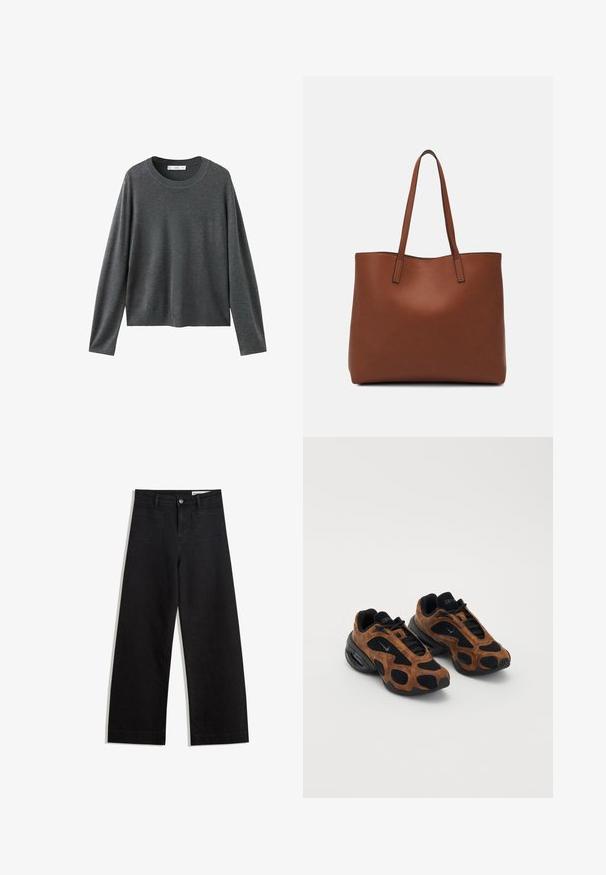 Sivi pleteni pulover s dugim rukavima, okruglim izrezom i opuštenim krojem. Izrađen od mekanog materijala s glatkom teksturom i bez vidljivih uzoraka.; Crne široke traperice s visokim strukom, s prednjim i stražnjim džepovima, šivenim šavovima i kopčanjem na gumb. Glatka tekstura.; Smeđi antilop i crne mrežaste tenisice zaobljenog oblika, s istaknutim izrezima i masivnom crnom potplatom.; Smeđa kožna torba preko ramena s glatkom teksturom, otvorenim vrhom i dvjema naramenicama. Ima minimalne šavove i nema vidljivog hardvera.