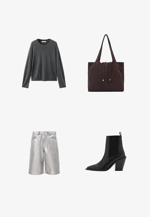 Siv krošnati pulover z dolgimi rokavi, okroglim izrezom in sproščenim krojem. Narejen je iz mehkega blaga z gladko teksturo in brez vidnih vzorcev.; Metalne srebrne kavbojke kratke hlače z ohlapnim krojem, ki imajo pet žepov, zanke za pas ter zložen rob. Gladka tekstura z odsevnimi lastnostmi.; Črne usnjene gležnjarje s koničastim nosom, elastičnimi stranskimi paneli in masivnim geometrijskim petam. Gladka tekstura z elegantnim dizajnom.; Mango Torba za nakupovanje - dark brown