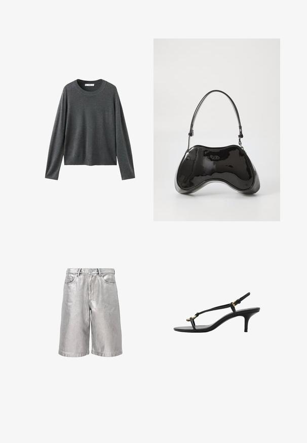 Sivý pletený sveter s dlhými rukávmi, okrúhlym výstrihom a voľným strihom. Vyrobený z mäkkej tkaniny s hladkou textúrou a bez viditeľných vzorov.; Metalické strieborné denimové šortky s voľným strihom, vybavené piatimi vreckami, pútkami na opasok a prehnutým lemom. Hladká textúra s reflexným povrchom.; Čierne kožené sandále na malom podpätku s tenkými pásikmi, zlatou prackou a minimalistickým prstovým pásikom na bielom pozadí.; Čierna lakovaná kožená kabelka s jedinečným zakriveným tvarom, krátkym nastaviteľným popruhom a zipsom na vrchu. Hladká textúra s jemným brandingom.