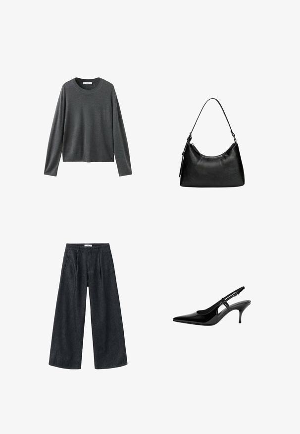 Grauer Strickpullover mit langen Ärmeln, rundem Ausschnitt und lockerem Schnitt. Hergestellt aus weichem Stoff mit glatter Textur und ohne sichtbare Muster.; Dunkelblaue, weite Jeans mit Falten, hoher Taille und klassischem Schnitt. Verfügt über einen sauberen Abschluss am Saum und minimale Nähdetails.; Schwarze Lackleder-Slingback-Pumpe mit spitzem Zehenbereich, offenen seitlichen Ausschnitten, schlanker Absatz und verstellbarem Knöchelriemen.; Schwarze Handtasche aus synthetischem Leder mit geschwungener Form, kurzen Tragegriff, Reißverschlussverschluss und einem dezenten strukturierten Muster auf der Oberfläche.
