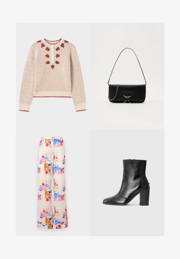 Crème sweater met rode aardbeienpatronen, geribde rode manchetten en zoom, knoopsluiting bij de hals, met een textuur, gebreid design.; Wijdvallende broeken van een crèmekleurige stof met een kleurrijk aquarelpatroon in roze, blauw en oranje accenten. Lichtgewicht en ademend.; Zwarte leren enkelboot met een gladde textuur, spitse neus en een gedurfde hoge hak. Beschikt over een zijopening en een minimalistisch ontwerp.; Zwarte leren handtas met een zilveren kettingband, voorzien van decoratieve vleugelaccenten en witte stiksels langs de onderste naad.