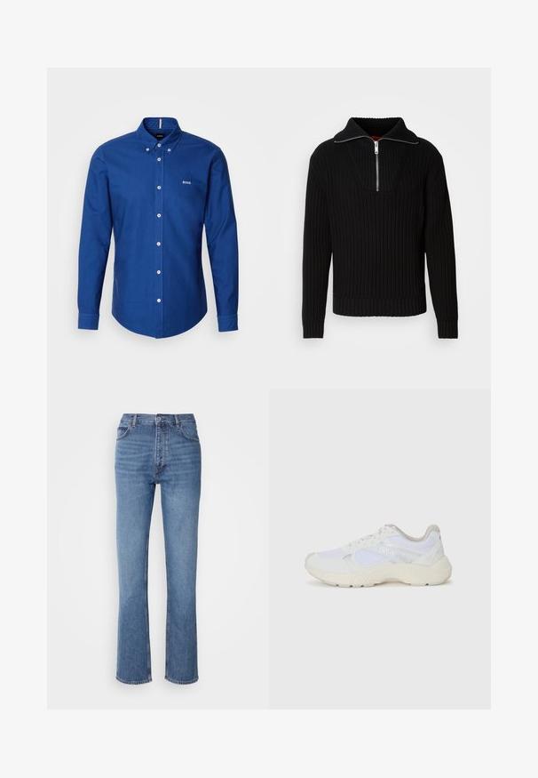 Černý žebrovaný svetr s vysokým límcem a krátkým zipem. Má strukturovanou tkaninu a přiléhavé manžety, které vytvářejí strukturovanou siluetu.; BOSS ROAN - Košile - open blue; Modré denimové džíny s vysokým pasem, rovnými nohavicemi a jemným vyblednutím. Mají klasický pětikusový styl a zapínání na zip.; Bílé sportovní boty vyrobené z síťoviny a semiše, s texturovanou mezipodešví, texturovanými akcenty a logem "HUGO" na boku.
